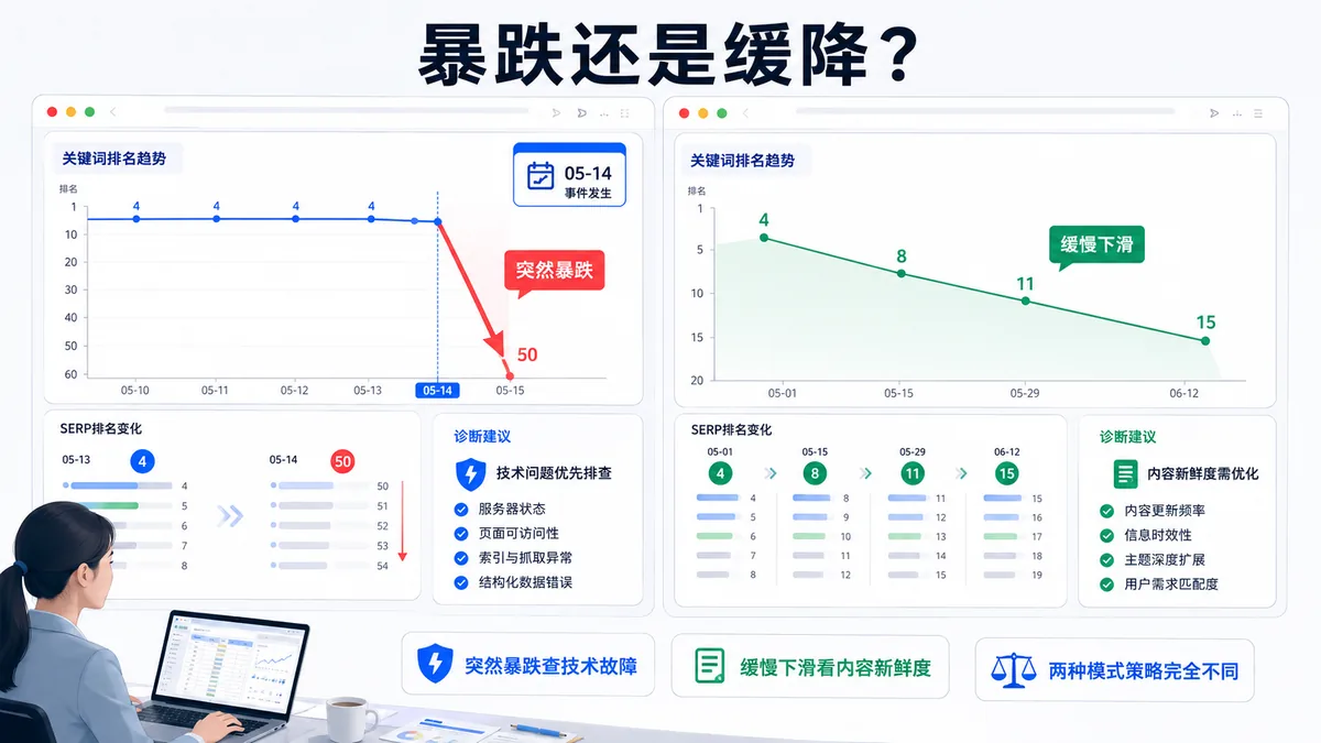 SEO运营在仪表盘前对比关键词排名暴跌和缓降两种趋势曲线，帮助判断该排查技术故障还是考虑内容更新