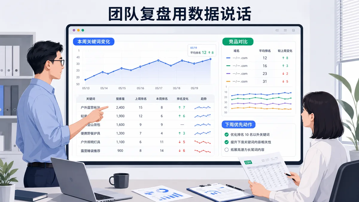 独立站SEO运营在周报中用排名趋势图和竞品对比数据向团队说明本周关键词变化，展示从焦虑到有据可查的工作方式