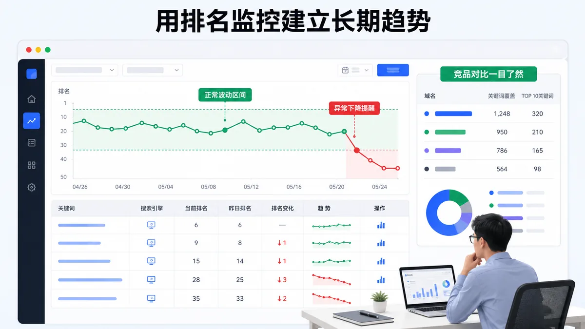 词多多排名监控任务面板中关键词排名趋势图，展示正常波动区间和异常下降的对比，帮助运营快速识别需要排查的信号