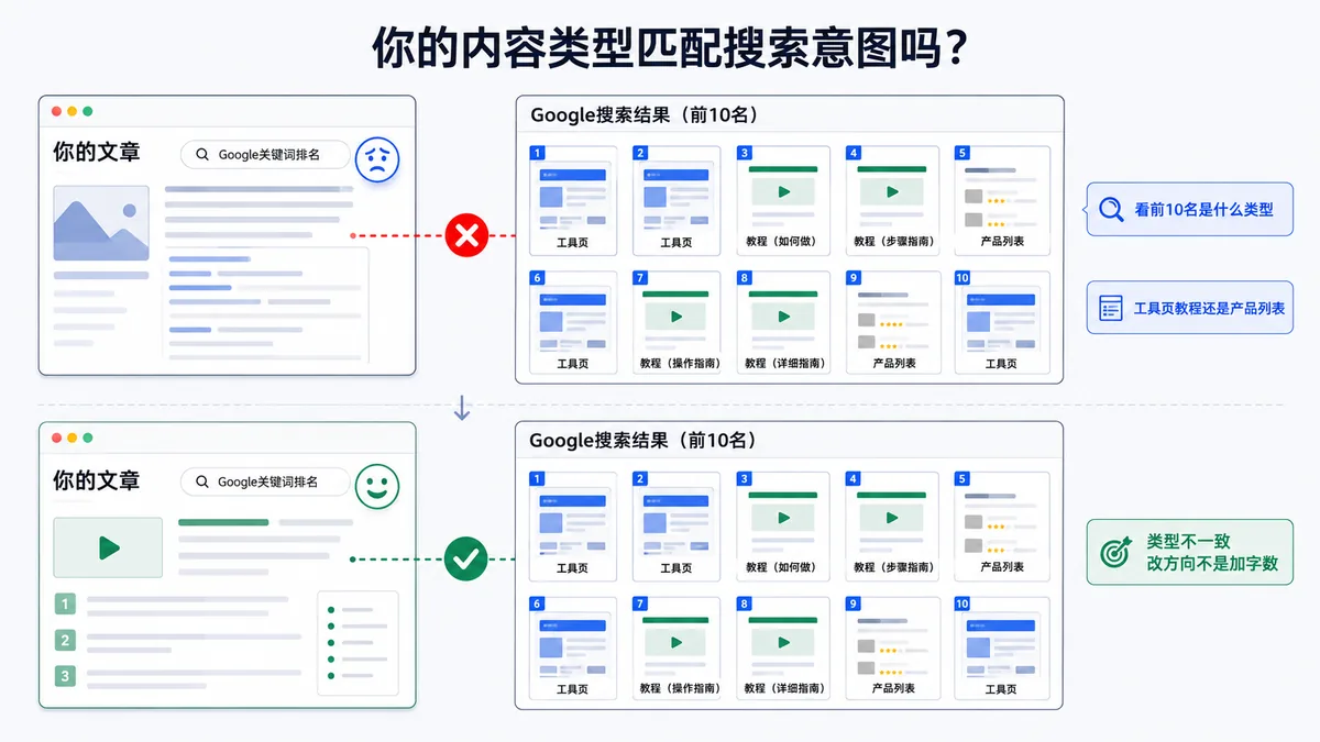 SEO运营对比自己新文章的搜索意图与Google前10名结果的类型差异，发现自己的页面类型不匹配用户搜索意图