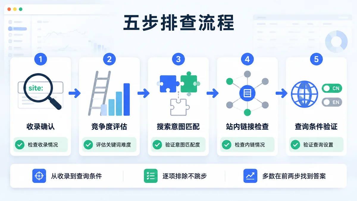 新文章排名排查五步流程图：收录确认→竞争度评估→搜索意图匹配→站内链接检查→查询条件验证
