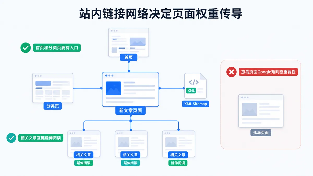 站内链接结构示意图：新文章通过分类页、热门文章延伸阅读和相关文章互链与网站其他页面连接，形成内容网络
