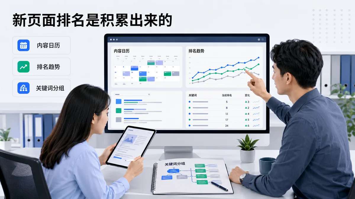 独立站内容团队协作场景：运营在工具面板前查看新文章的排名趋势，旁边是关键词分组和站内链接规划