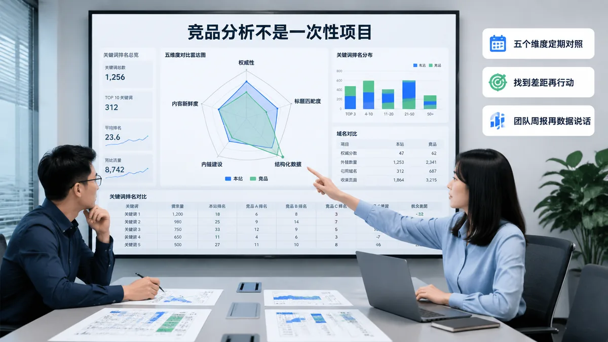 独立站运营团队在会议室用排名监控数据做竞品分析周报，屏幕上展示多维度竞品对比视图