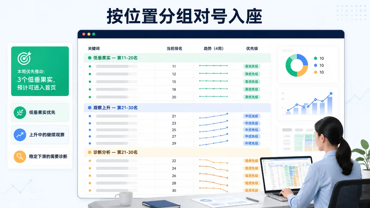 SEO运营在数据面板前将前30名关键词按三组分类：低垂果实、观察上升、诊断分析，每组对应不同颜色的标签和行动计划