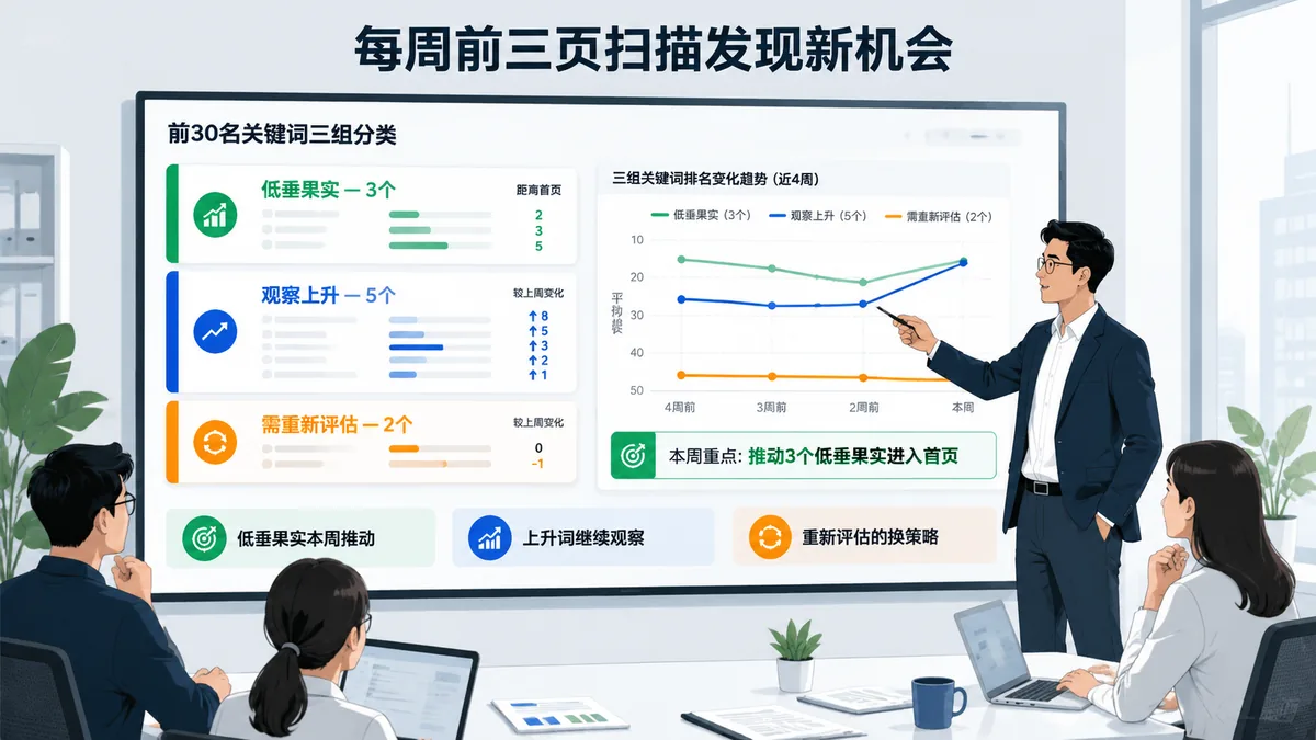 独立站运营在周报中展示前30名关键词的三组分类和排名变化趋势，向团队说明哪些词值得本周优先投入